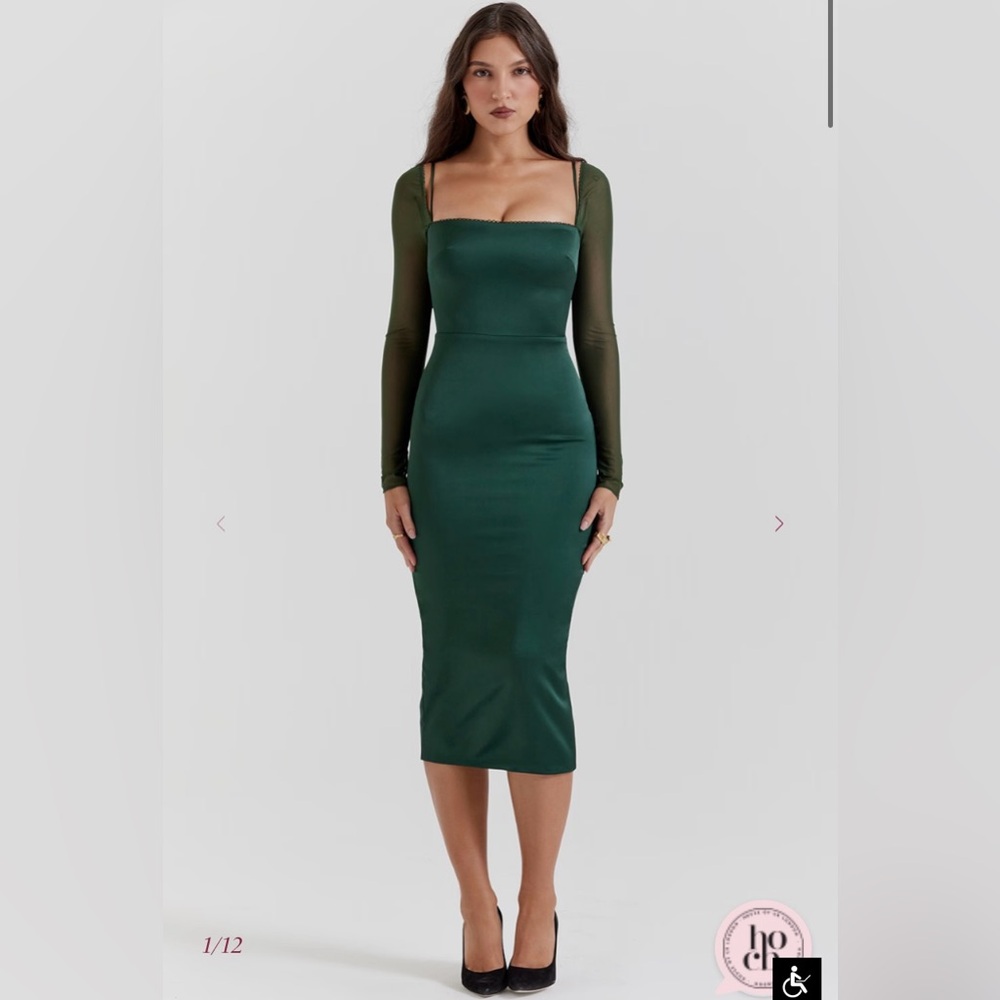 House of CB Ellica Emerald Green Mesh Sleeve Bodycon Midi Dress Size S Excellent - Picture 2 of 16